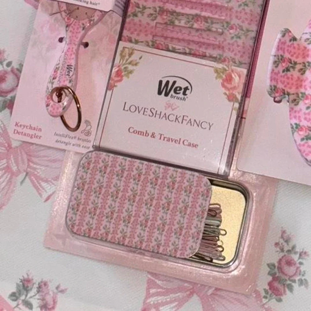 LoveShackFancy pink floral hair accessories bundle: Mini brush keychain Comb